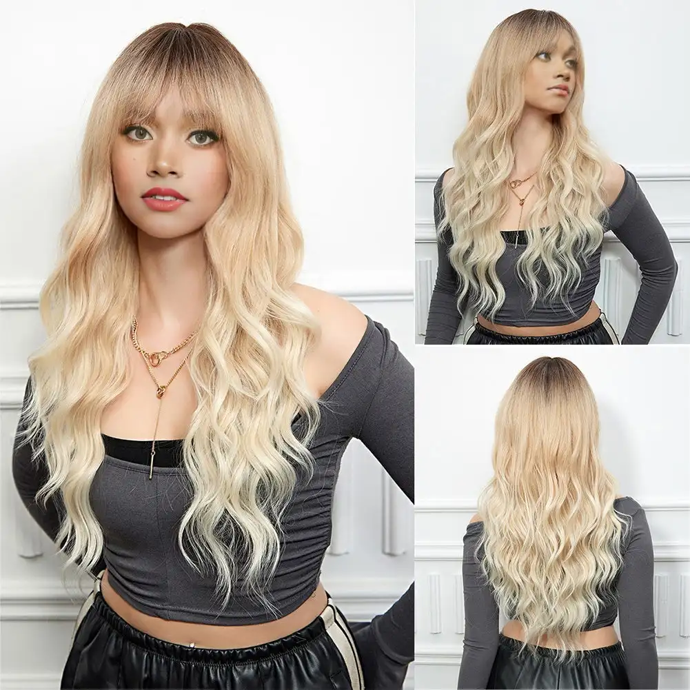 Long Blonde Ombre Brown Synthetic Wigs Water Wavy Platinum Wigs with Bang Hair Wig for Women Daily Cosplay Party Heat Resistant