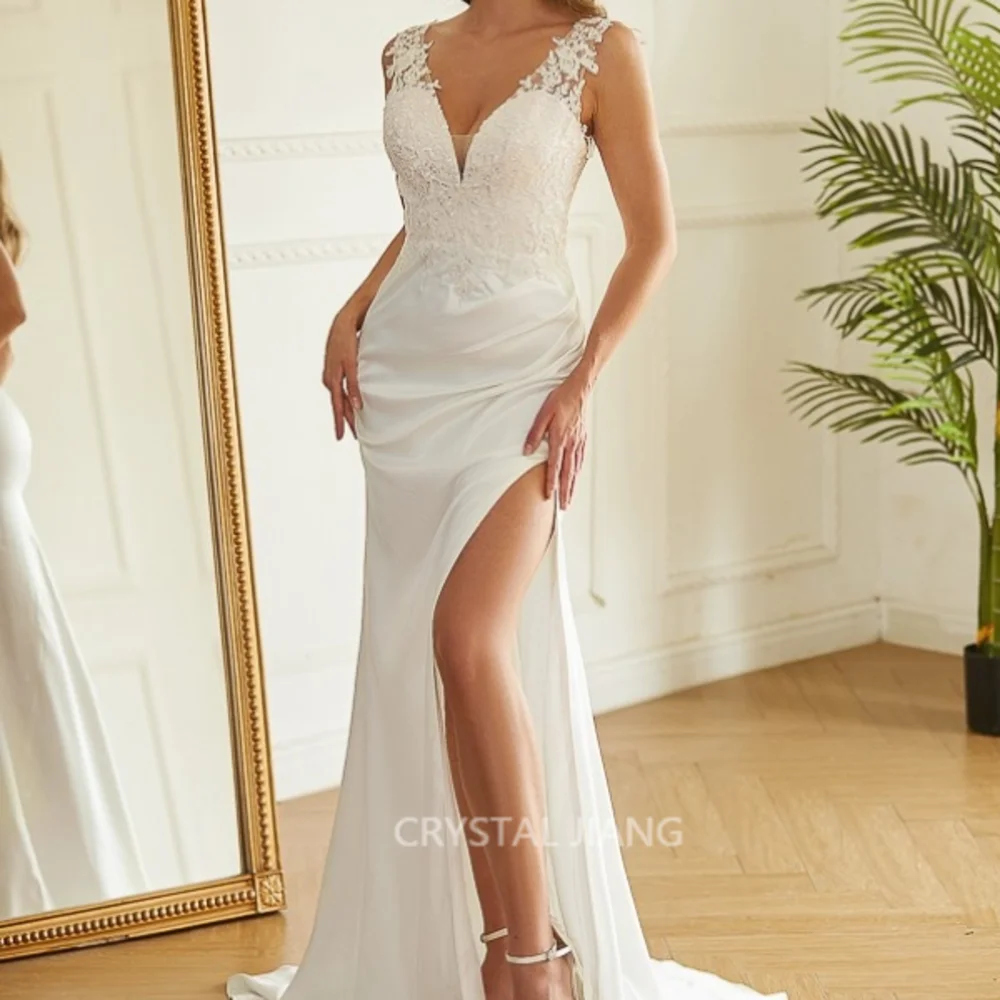 Classy Long V Neck Charmeuse Wedding Dresses Sleeveless with Slit Sheath Sweep Train Vestido Feminino Bridal Gowns