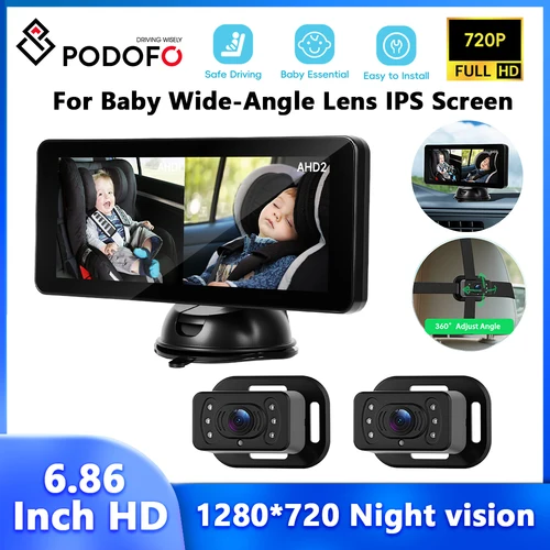 Imagen 1 del producto Podofo Monitor de bebé trasero de coche con pantalla IPS de 6,86 pulgadas con cámaras duales Monitor de respaldo gran angular AHD monitoreo de bebé en tiempo Real