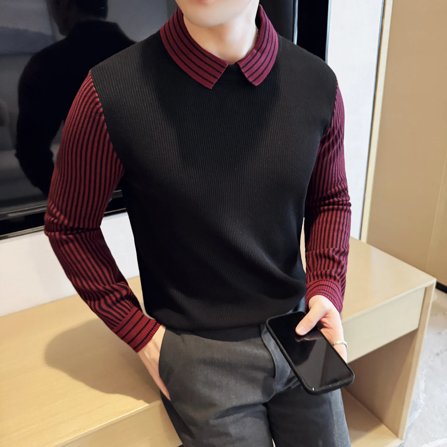 

Зимний свитер, мужской модный лоскутный цвет, мужские полосатые свитера с длинными рукавами, облегающий вязаный воротник с отложным воротником, Pull Homme 4XL-M