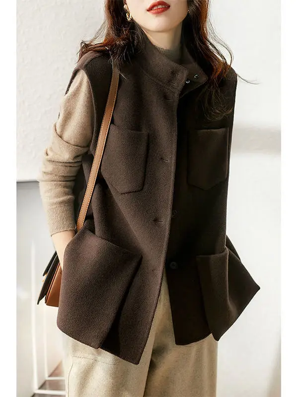 

Двусторонний шерстяной жилет, роскошная женская одежда, жилет Camere Tagl для поездок на работу, воротник-стойка средней длины с пуговицами