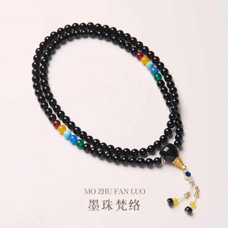 Tibetan Style Natural 6MM Black Agate Triple Wrap Bracelet Necklace Dual Use for Good Luck Gifts