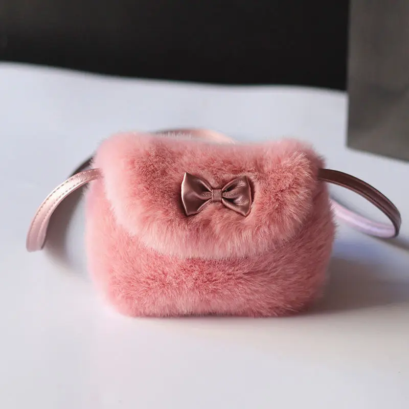 Baby Girls Furry Bags Brand New Warmly Children Cross Body Mini Purse Bowknot Artificial Fur Bag Kids Birthday Gifts