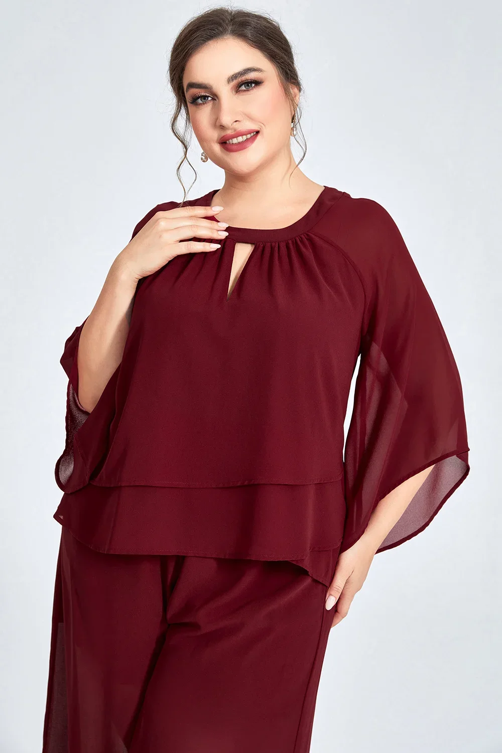 Damski dwuczęściowy garnitur Plus Size Formal Burgundy Chiffon Ruffle Sleeve Cut Out Wide Leg Two Piece Pant Suit Casual Office Lady Matching Sets