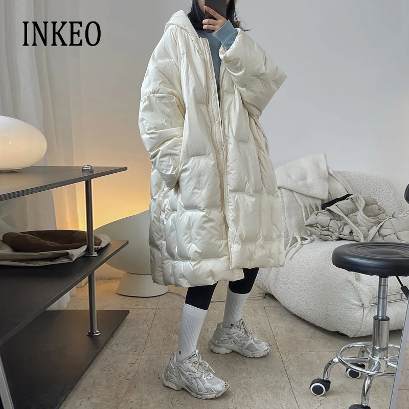 Luxury White Long women\'s winter jackets Newest Fashion Oversized Hooded Female Down coat Ladies feathers Outwear INKEO 1O436