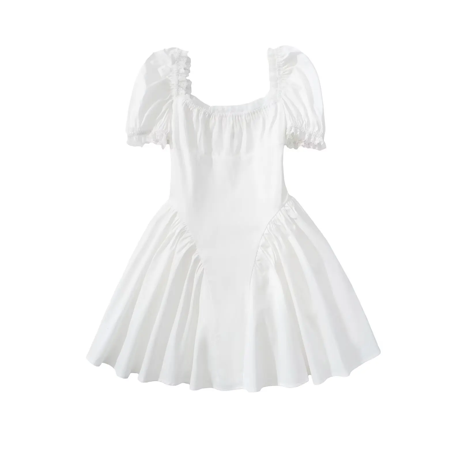 2025 Abito da donna estivo moda pizzo bianco maglia pizzo collo quadrato manica corta mini abito casual Boho Beach abiti femminili