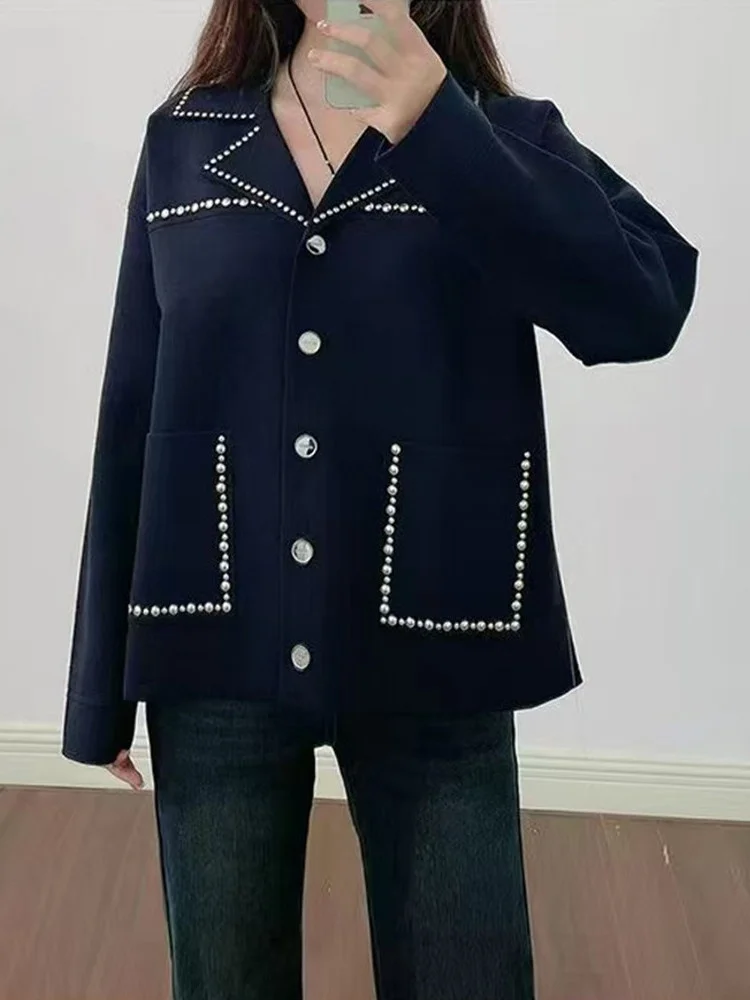 High-End Version European Style Heavy Embellished Loose Suit Collar Knitted Outerwear Top Women's Open Cardigan Knitwear