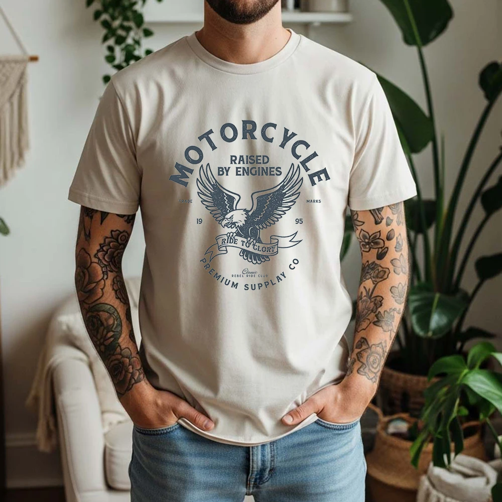 Summer Men's 100% Cotton Short Sleeve T Shirt Retro Motorcycle Eagle Ride To Glory Graphic Print Breathable Casual Daily Tees