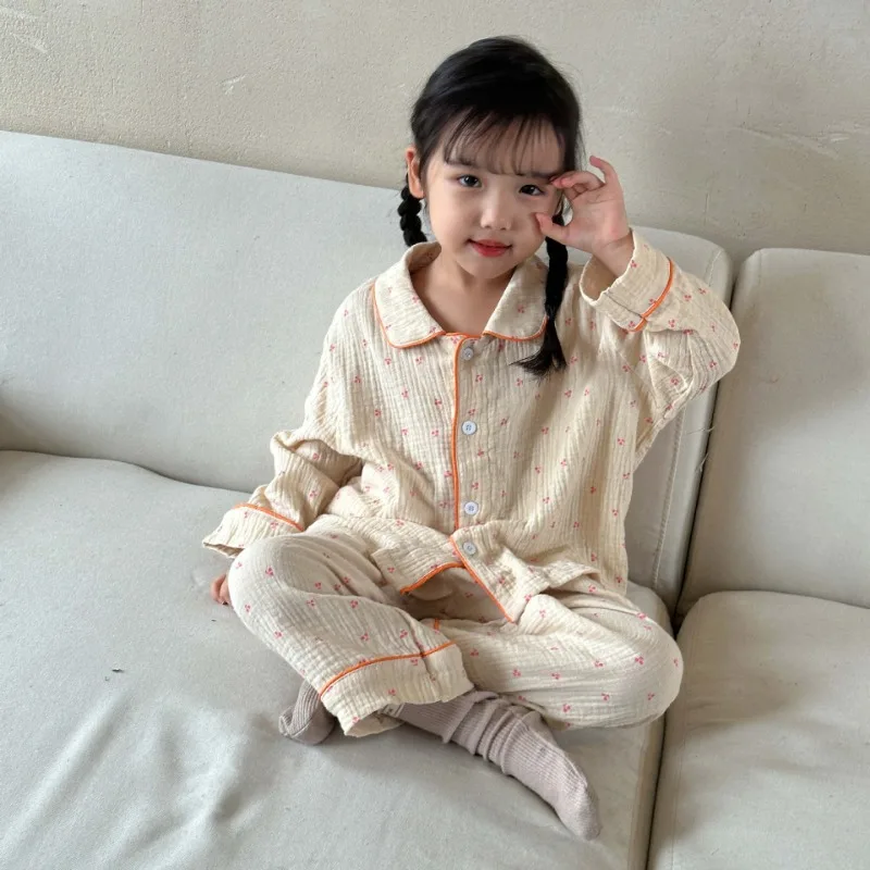 2023 Autumn Kids pajamas set Floral Vertical stripe Yarn cotton long sleeve sleepwear Girls Boys casual Home Wear