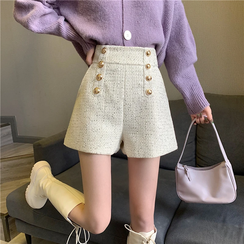 여성용 빈티지 더블 브레스트 캐주얼 반바지, 하이웨이스트 A라인 와이드 레그, 여성 하의, 골든 버튼, 우아한 오피스 레이디 섹시