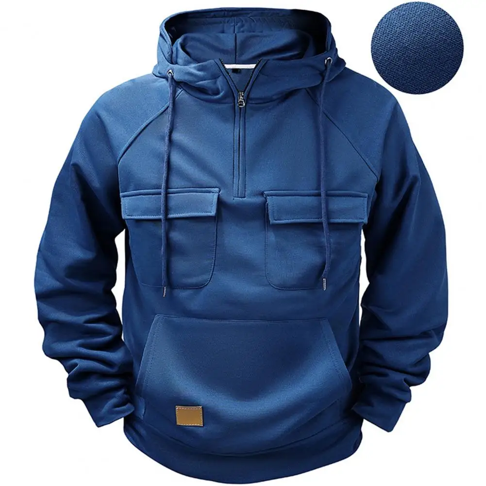 Men Fall Spring Hoodie Zippered Hooded Sweatshirt Men\'s Cargo Style Sport Top with Multi Pockets Drawstring Half Zipper for Fall