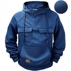 Men Fall Spring Hoodie Zippered Hooded Sweatshirt Men's Cargo Style Sport Top with Multi Pockets Drawstring Half Zipper for Fall