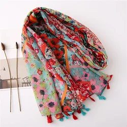 Print Geometric Tassel Turban Scarf Boho Scarf For Women Lightweight Floral Printed Scarf