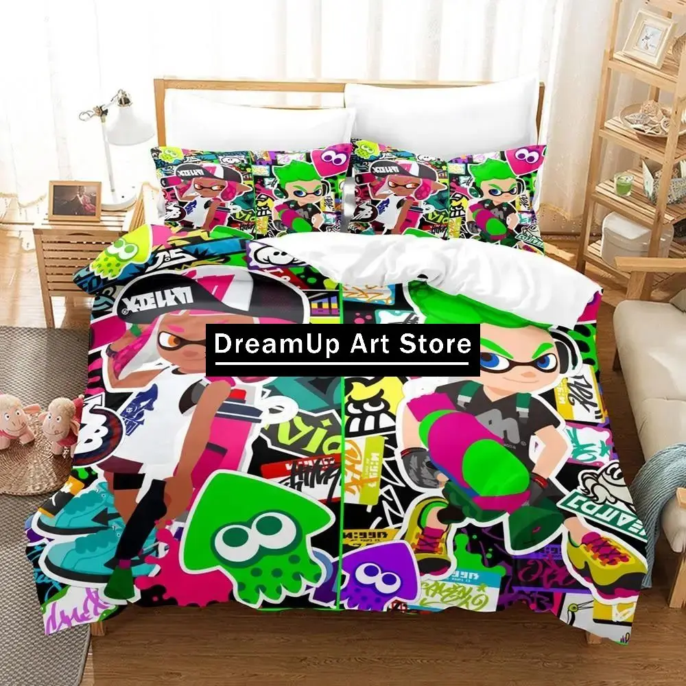 3D Print Fashion Splatoon 3 Inkling Squid Bedding Set Boys Girls Twin Queen Full Size Duvet Cover Pillowcase Bed Adult Bedroom