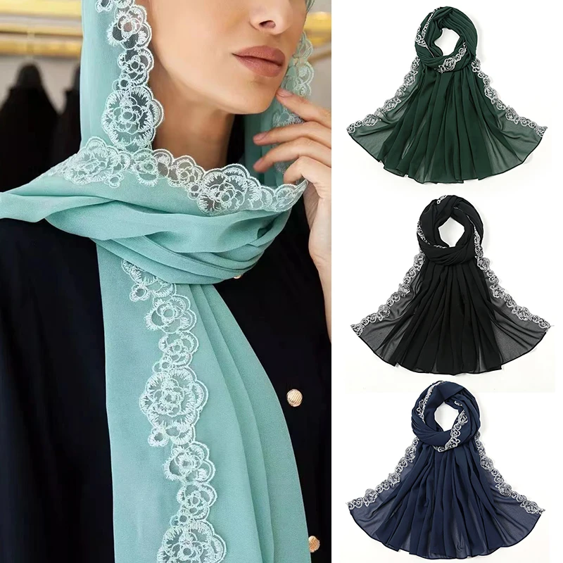 180x75cm Chiffon Hijab Scarf for Women Long Solid Color Lace Pearl Head Wraps Scarves Ladies Beach Sunscreen Shawls Veils Scarf