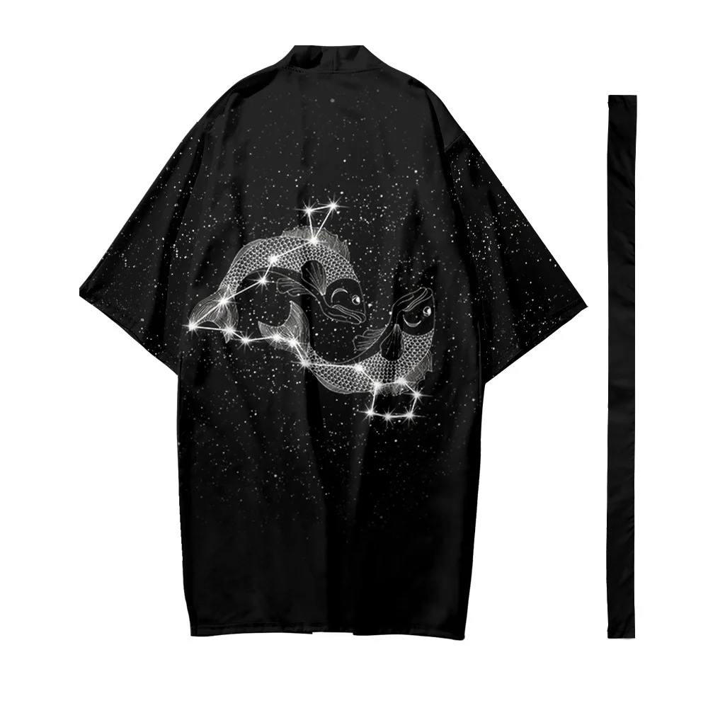 Men's Japanese Long Kimono Cardigan Men's Samurai Costume Kimono Constellation Pattern Kimono Shirt Yukata Outer Cover