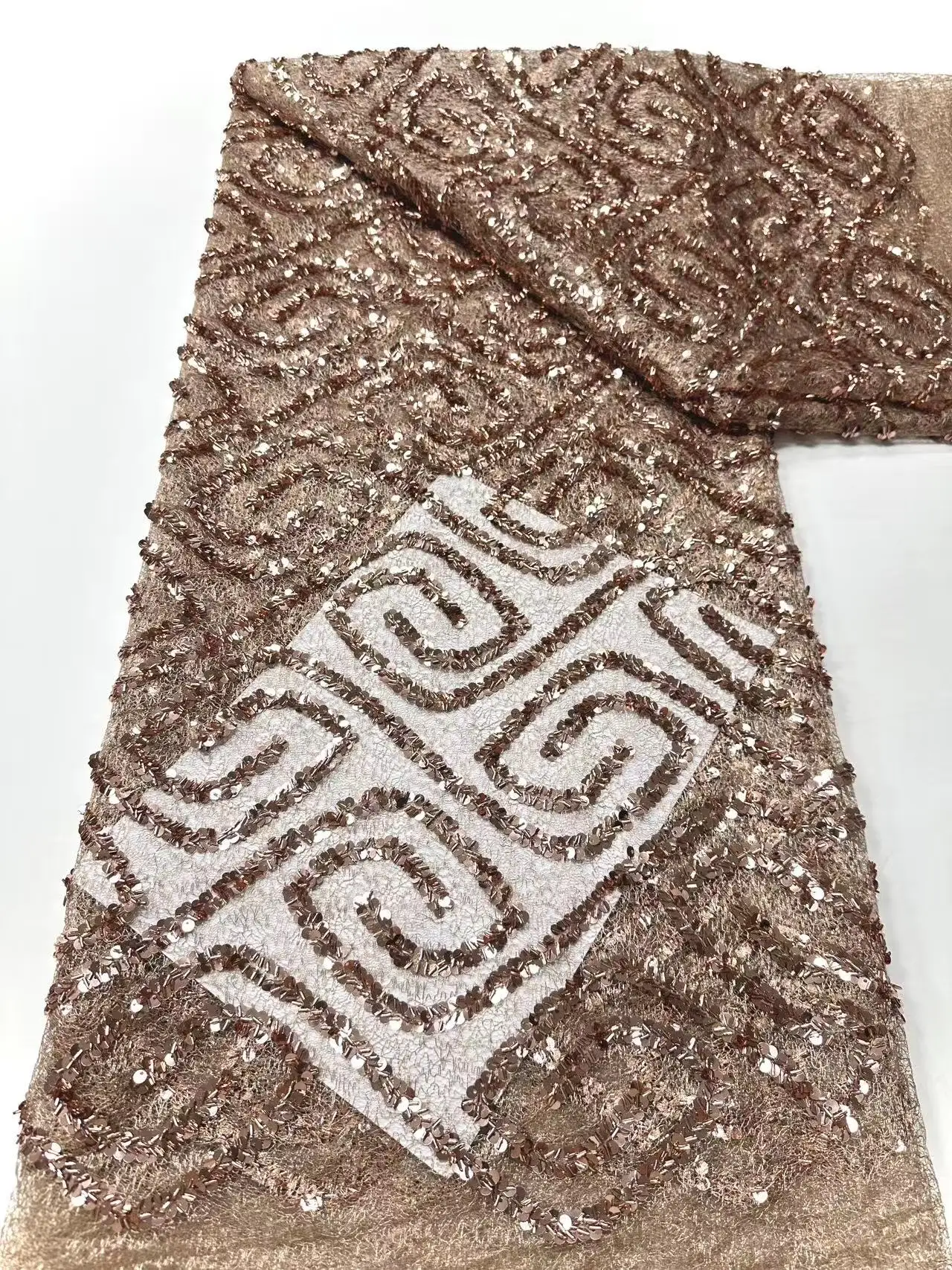 

High Quality Gold African French Handmade Beaded Lace Fabric Sewing Sequins Embroidery Nigerian Lace Fabrics For Women Wedd M2-1