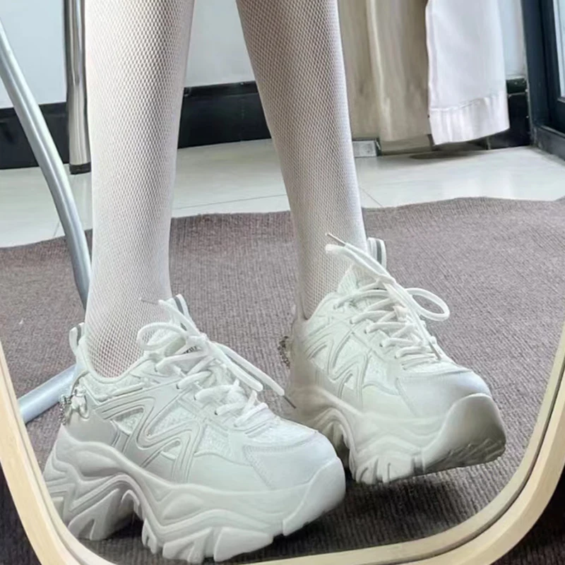 Pearl Chain Platform Sneakers White Buffalo Shoes Women Vintage Chunky Sports Vulcanize Kawaii Korean Casual Tennis Female New