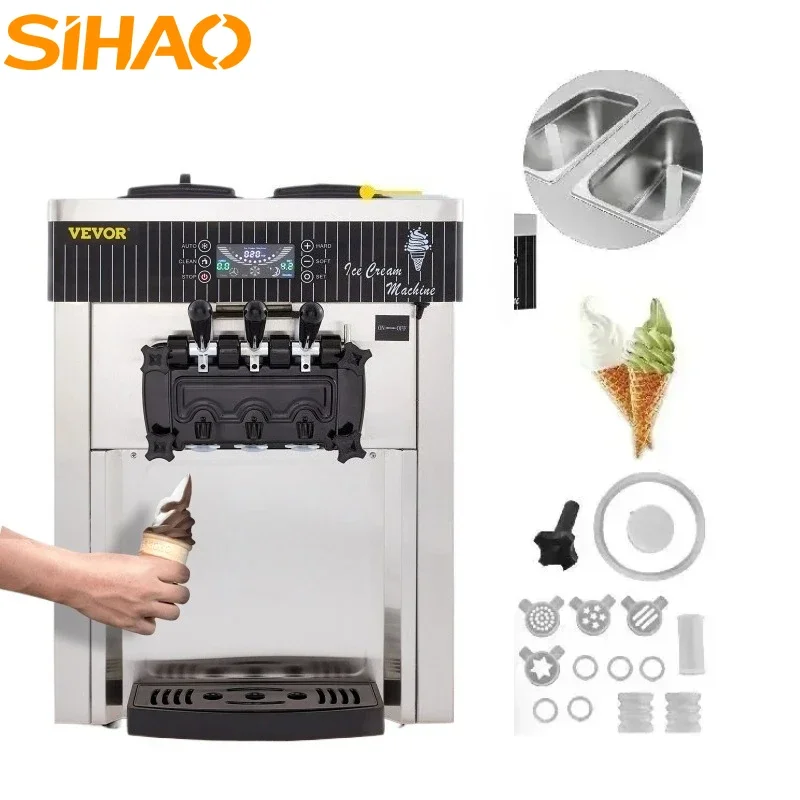 SIHAO Commercial Soft Serve Ice Cream Maker, 5.3-7.4 Gallons Per Hour Output, 3-Flavor Countertop Frozen Dessert Machine with LED Control Panel & Automatic Self-Cleaning System for Cafe and Restaurant Business