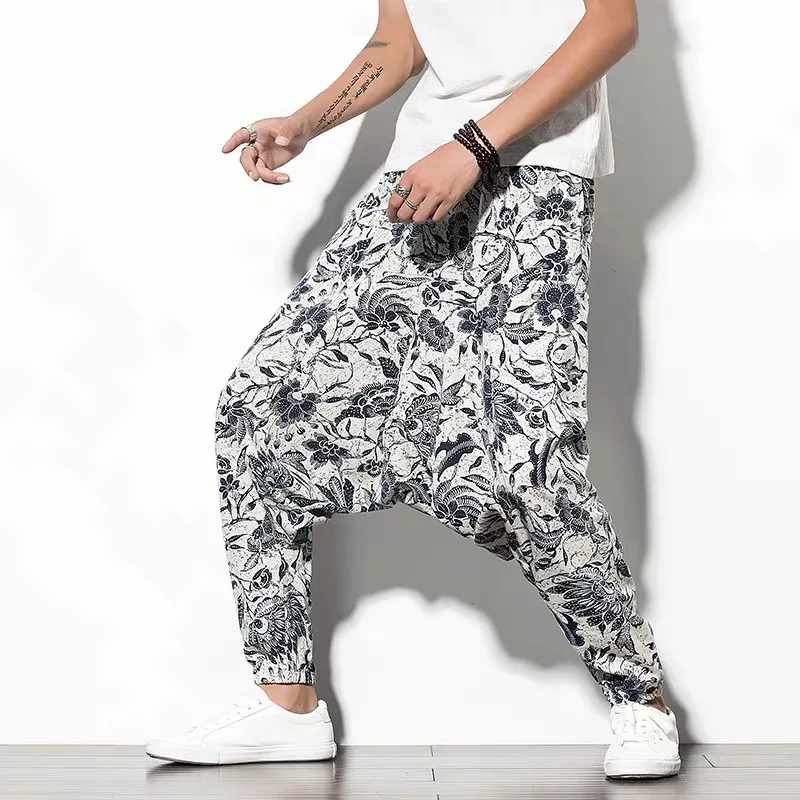 Men City Boy Y2K Ins Chic Ethnic Drop Crotch Pants Male Print Beach Holiday Vacation Tropical Goggers Party Nightclub Pantalons