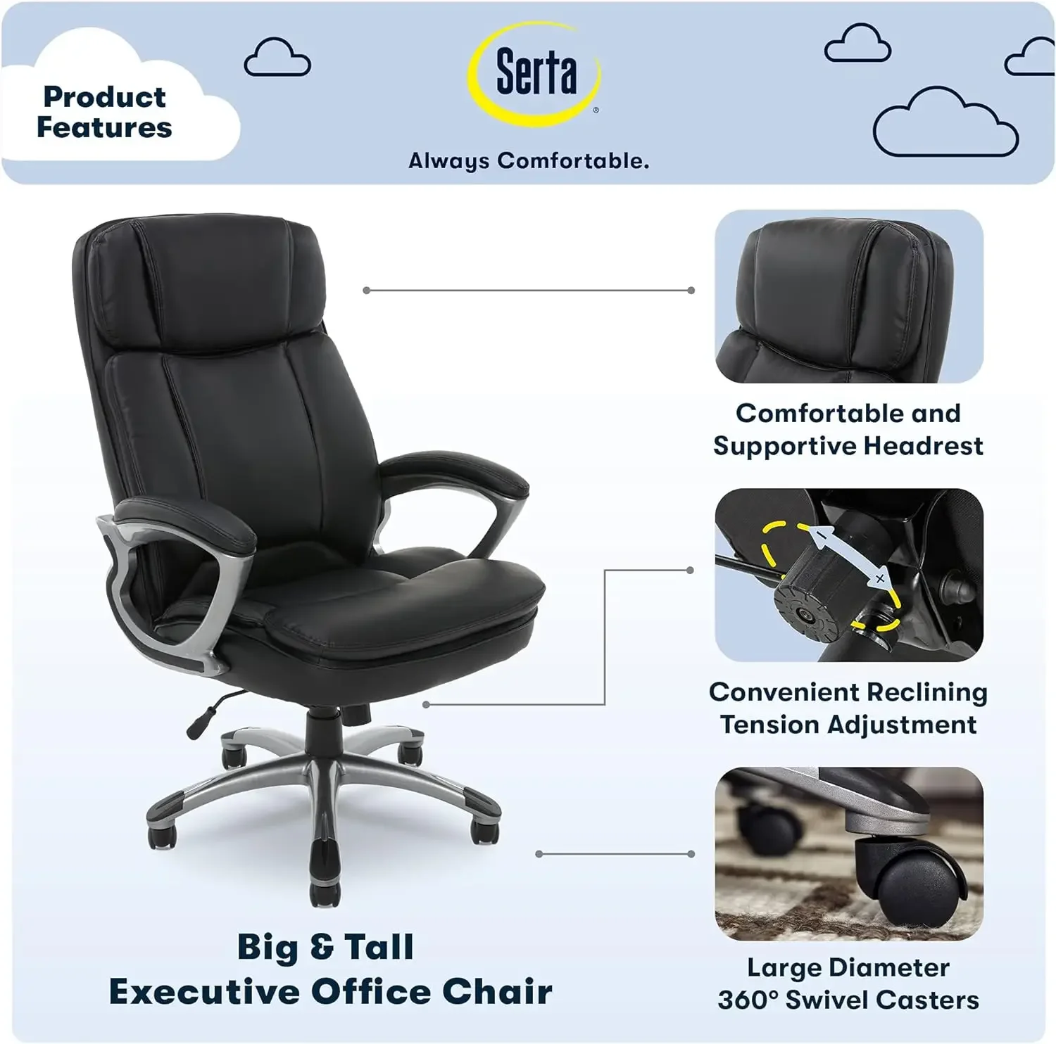 Serta Fairbanks-Chaise ergonomique de bureau à dossier haut, grand et grand, chaise d'ordinateur de jeu, oreillers superposés, profilés