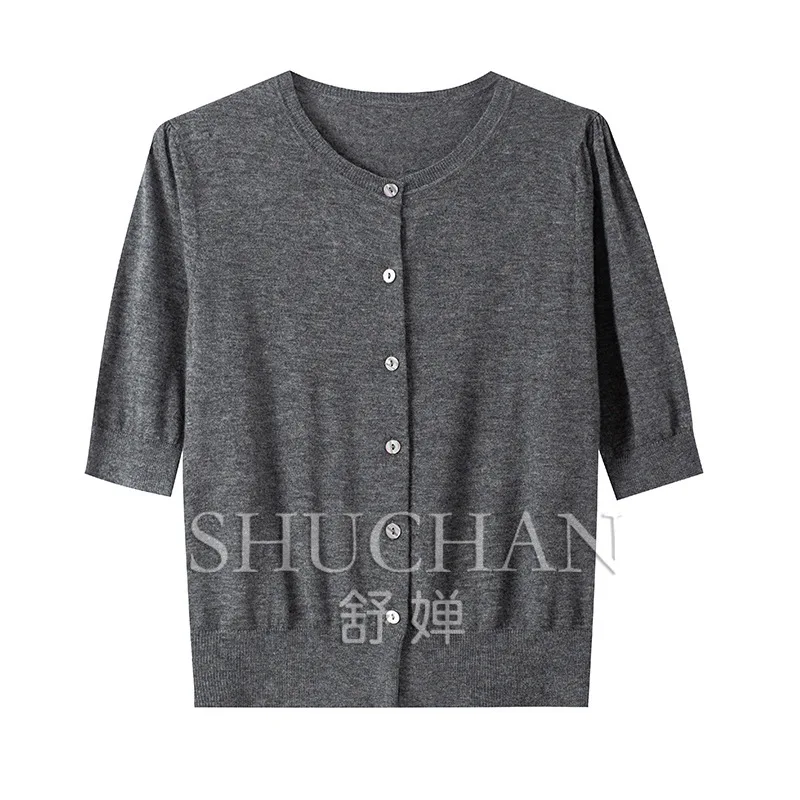 

Bubble Sleeve Top Women's Short Sleeve 100 Pure Cardigan 2025 Spring and Autumn Thin Crew Neck Fashion Sweater Knitted Cardigan