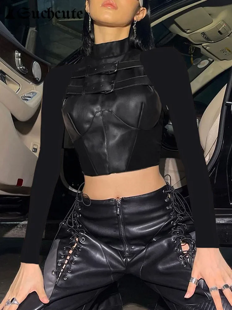 2024 Gothic Black PU Leather Patchwork T-shirts Women Full Sleeve Punk Button Up Bodycon Crop Tops Streetwear Hippies Biker Top