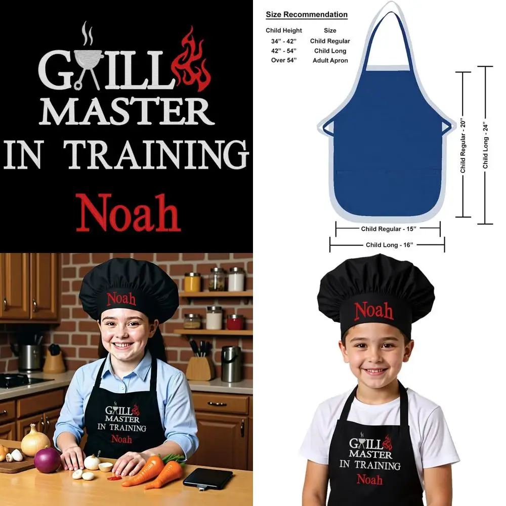 

Детский фартук и поварская шапка с индивидуальной вышивкой для кулинарных занятий (для обучения GrillMaster, стандартный размер с шапкой)