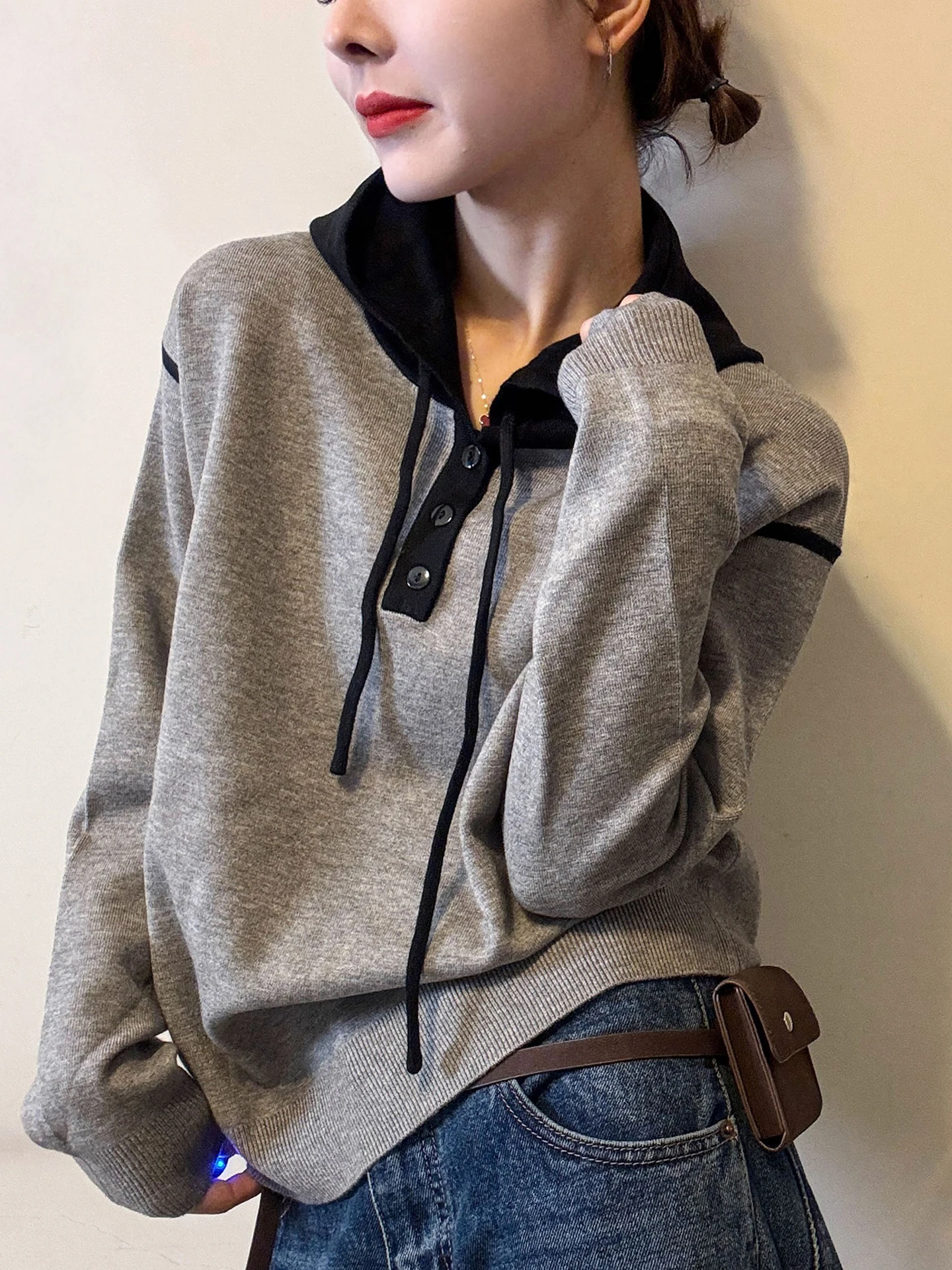 Suéter de Cachemira con Capucha y Diseño de Bloques de Color Invernal, Estilo Coreano Informal, Moda para el Trabajo, Manga L...