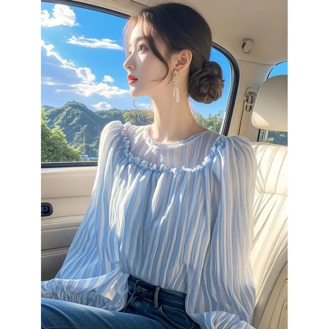 Blue Striped Chiffon Blouse Women 2025 Spring New Fashion Sun Protective Top