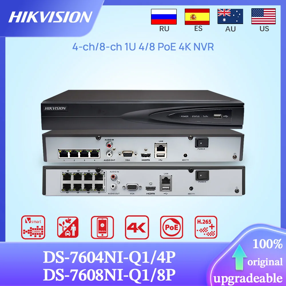 Hikvision Original 4K Network Video Recorder DS-7604NI-Q1/4P DS-7608NI-Q1/8P 4/8CH 4/8PoE Security Surveillance NVR MD2.0 H.265+