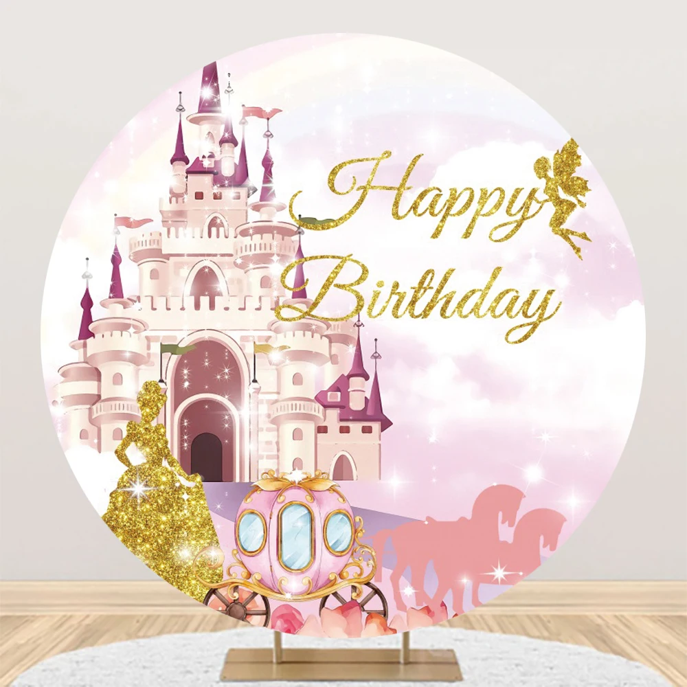 Pink Princess Castle Round Photo Backdrops Butterfly Flower Birthday Party Baby Child Backgrounds Photocall for Photo Studio