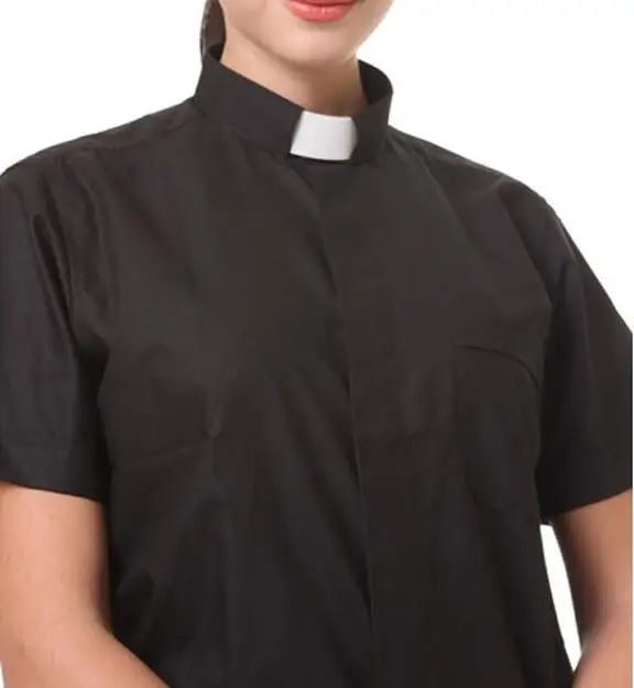 Minister Shirt Black Men Blouse Summer Roman Collar Christian Priest