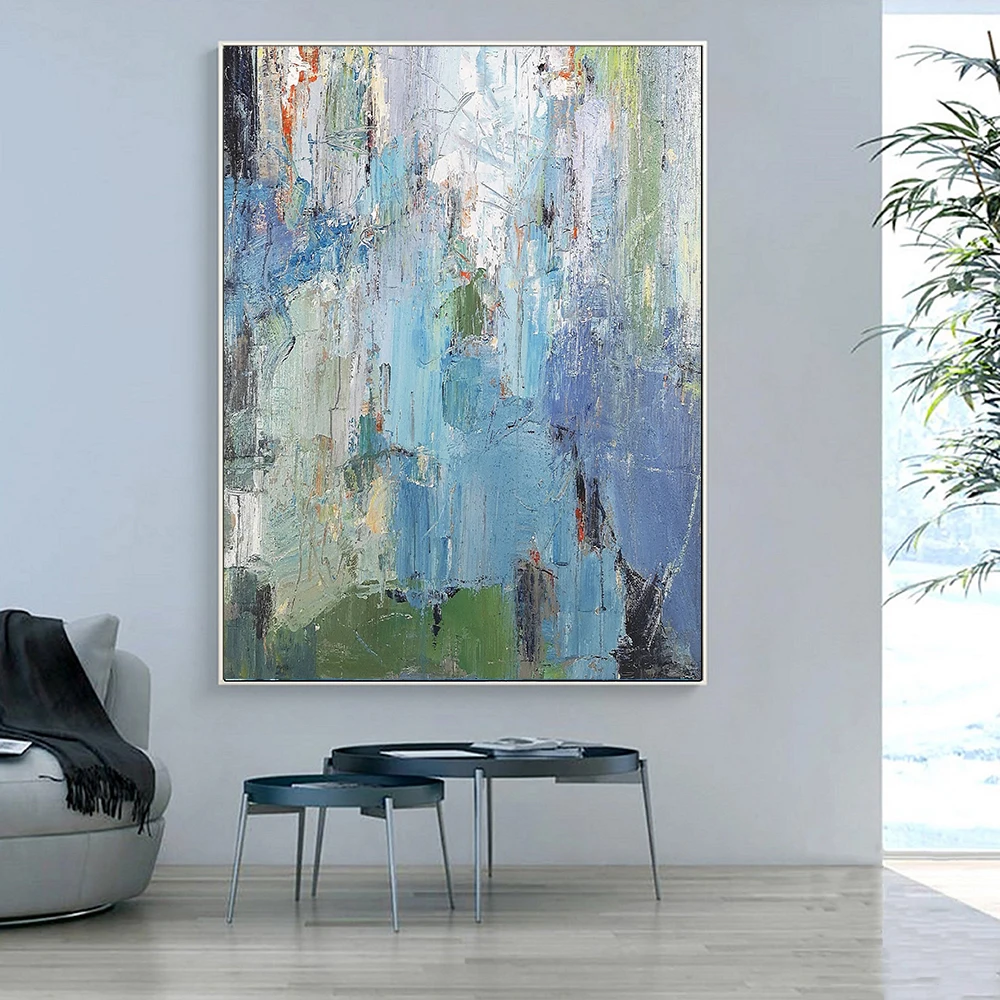 Large Blue Yellow Abstract Painting Original Green Oil Painting Modern Abstract Painting Texture Art Wall Painting Room Decor