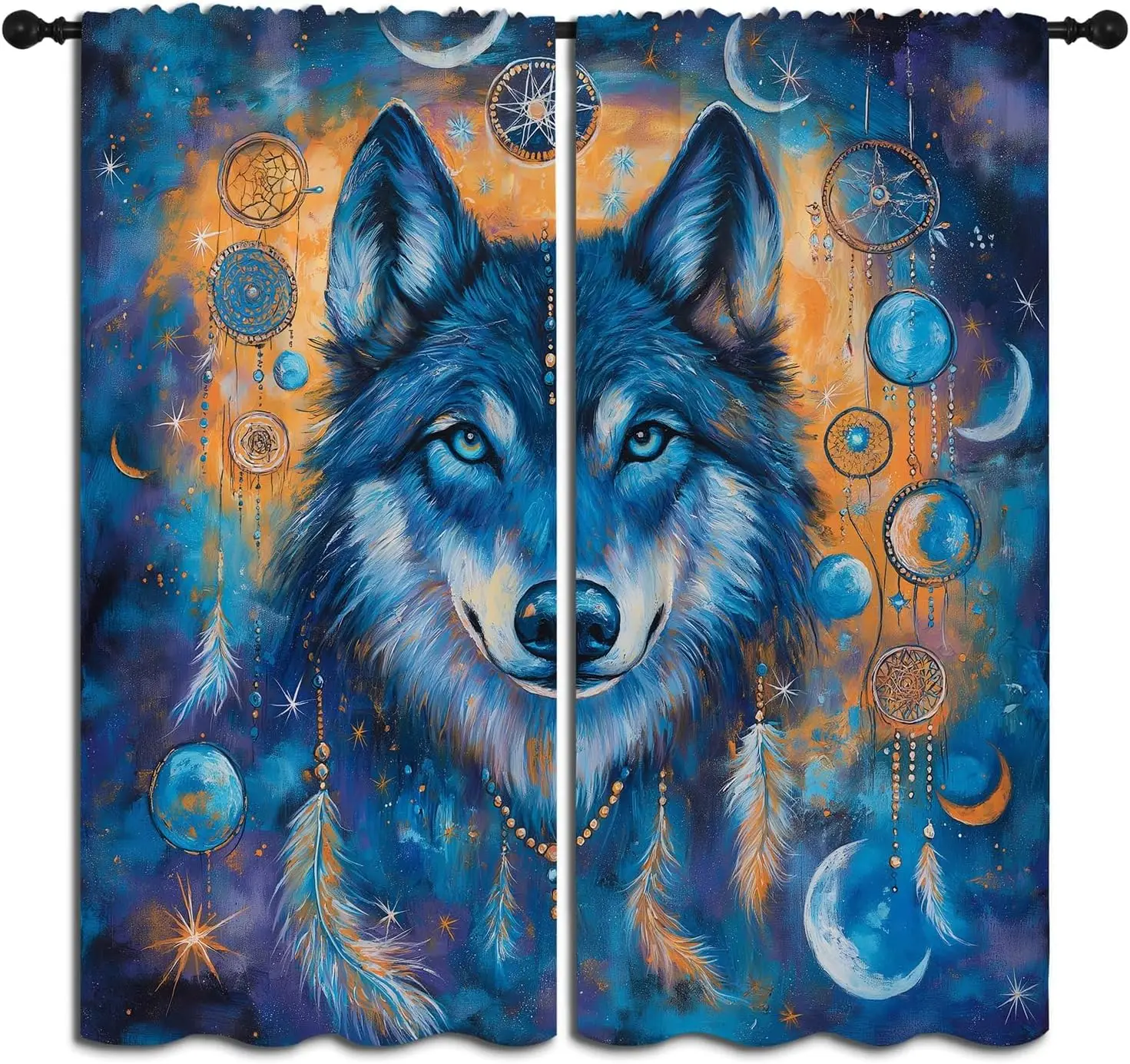 Fantasy Wolf Moon Phase Dream Catcher Blackout Curtains,Dreamy Galaxy Starry Sky Gothic cool Wildlife, 2 Panel Rod Pocket Therma