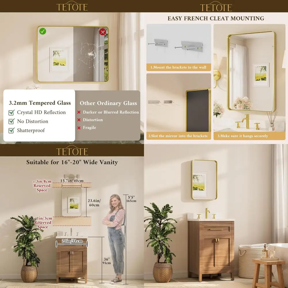 

Современное золотое косметическое зеркало 24 x 16 с двумя толстыми рамами, подходит для стены ванной комнаты, горизонтального или вертикального подвешивания