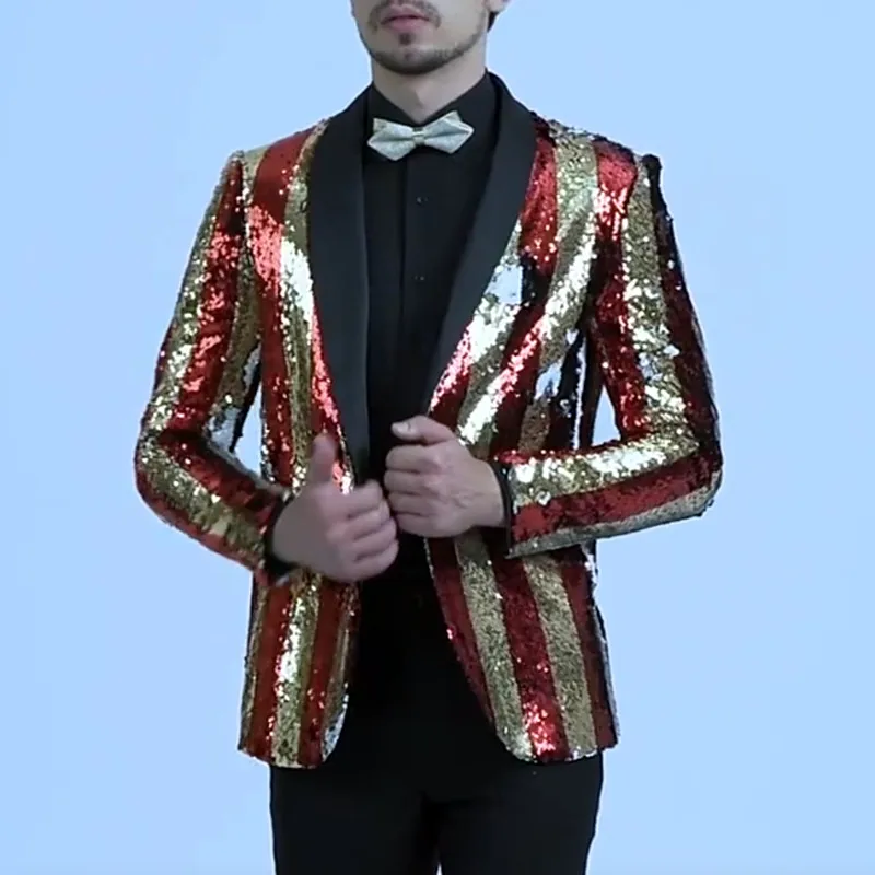 

New Fashion Men's Double-side Sequin Blazer Flit Glitter Stripes Slim Male Singer Stage Concert Performance Suit Jacket Coat