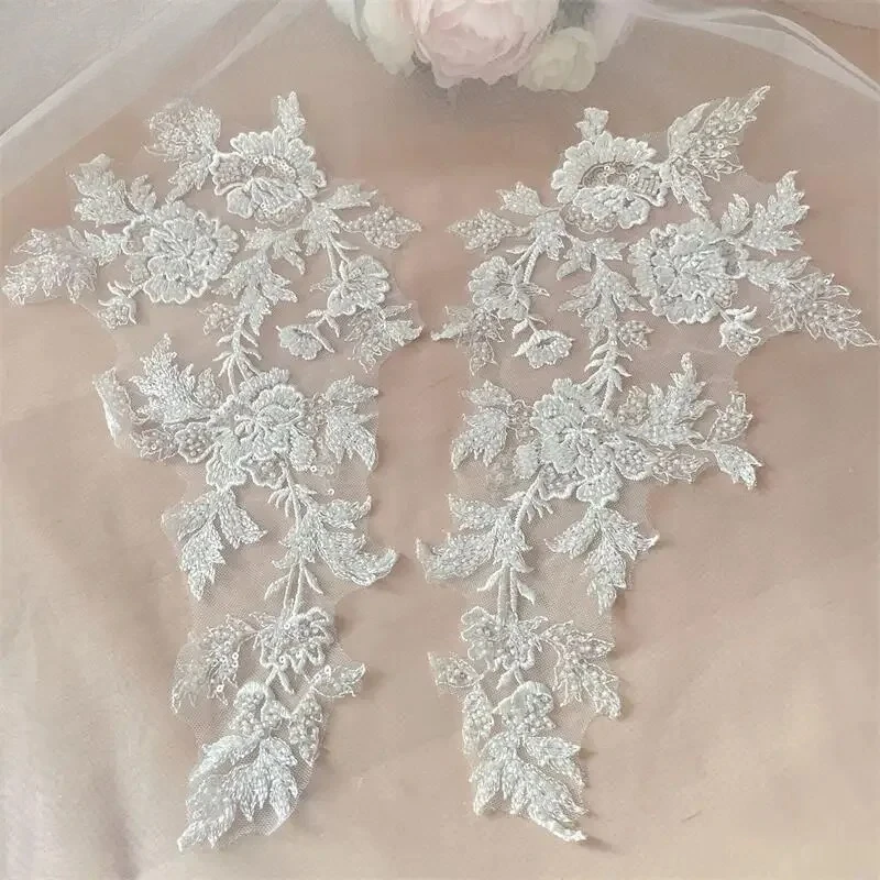 

10PCS and 2PCS. White Beaded Lace Mirror Flowers.Flower Leaves Embroidery Wedding Dress Headdress.DIY Sewing Supplies Patch