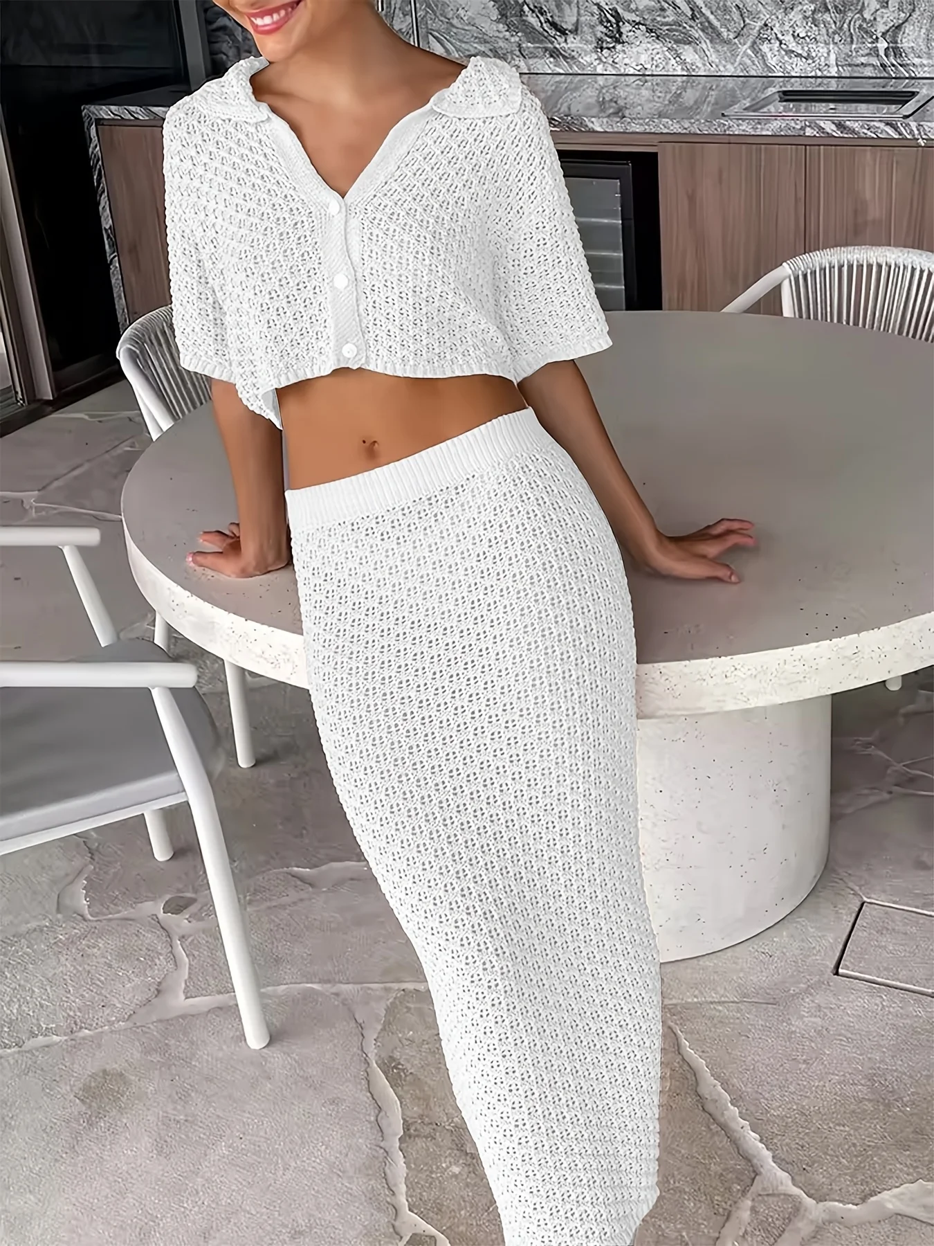 

Women's White Hollow Out Knit 2-Piece Set Collared Short Sleeve Crop Top + Bodycon Midi Skirt