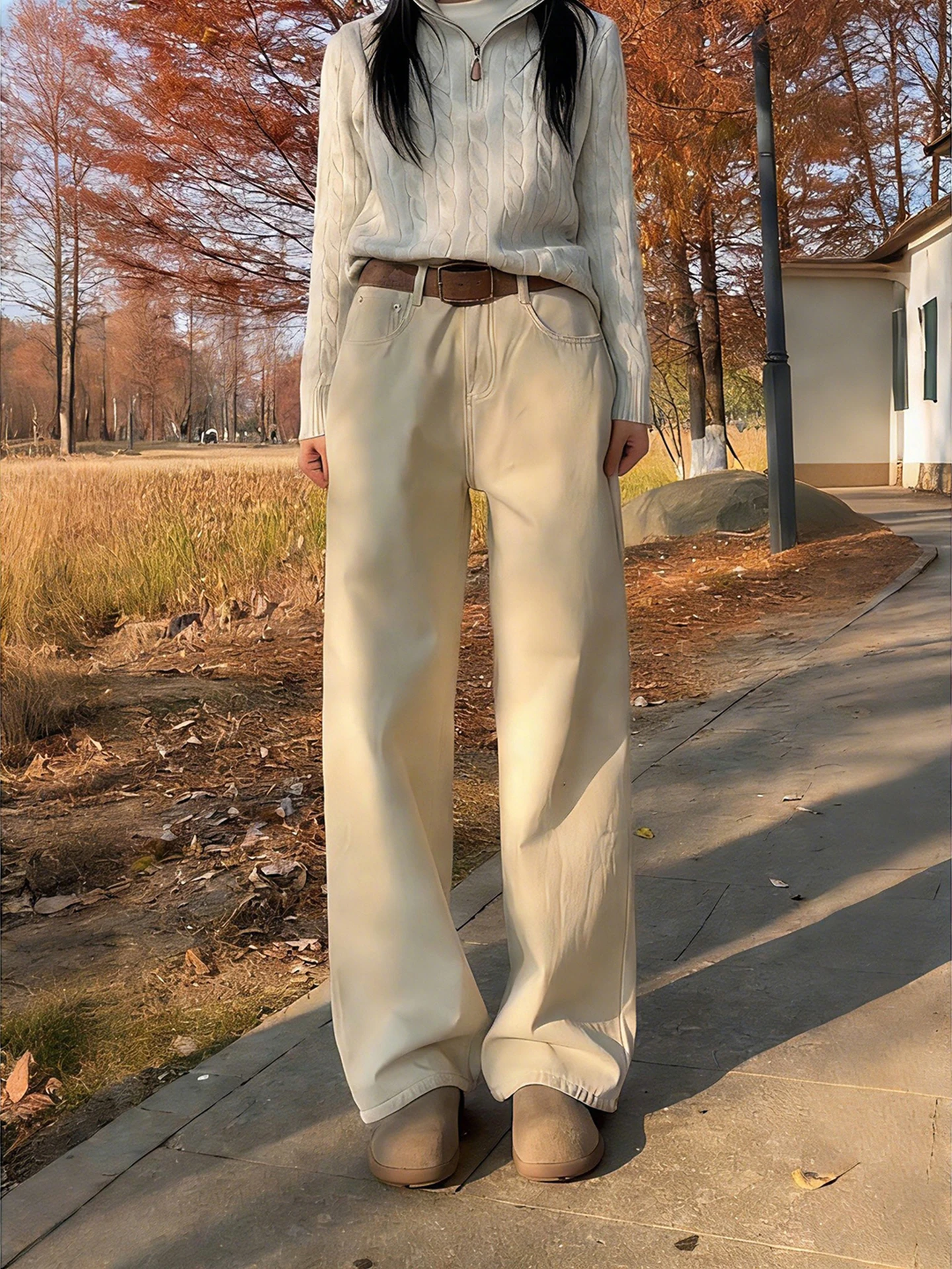 

Waed Fce Lined Straight Leg Jeans ex Winter Neutral Sle Haome American Retro Flared Pants Youth ular Casual ...