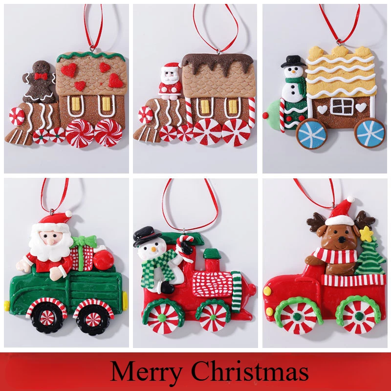 Soft Pottery Gingerbread Train Christmas Tree Pendant Cartoon Cute Santa Claus Snowman Christmas Decoration New Year Gift