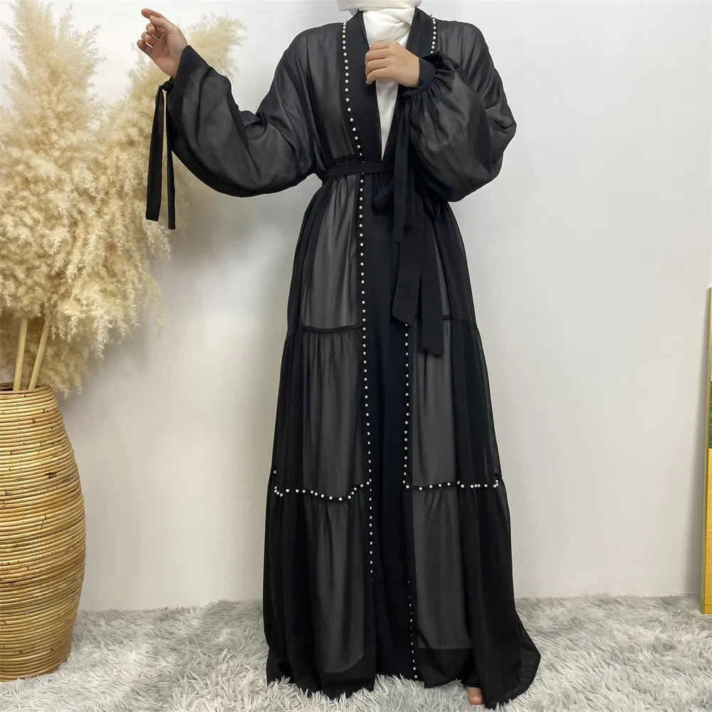 

Elegance Solid Color Beaded Arab Turkey Middle East Fashion Muslim Lace-Up Chiffon Cardigan Robe Abaya Loose