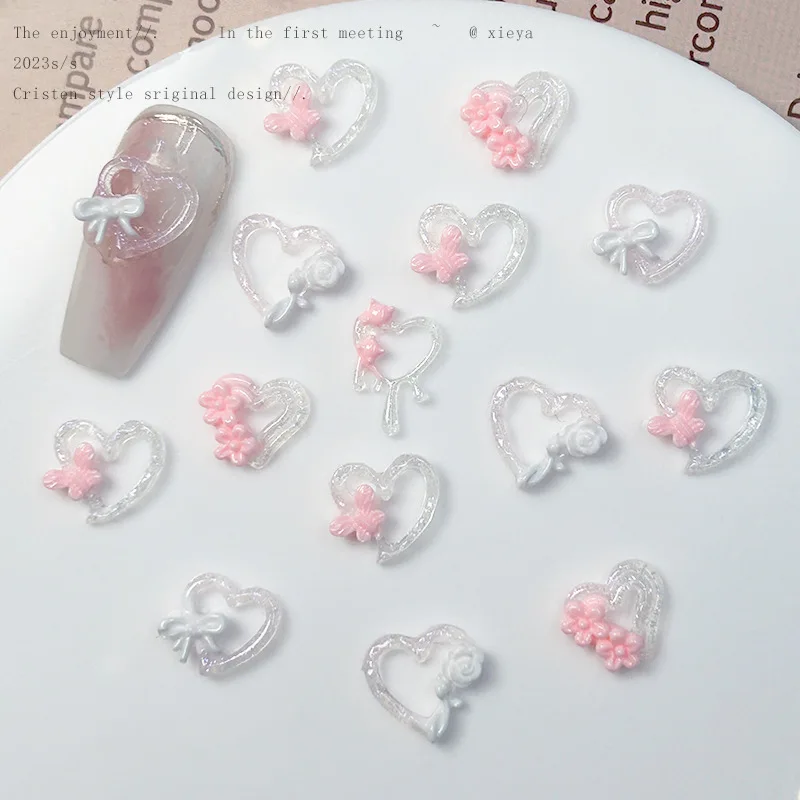 50 Stuks Schattige Roze Bloem Liefde Mini Nail Bedels Accessoires Gemengde Lichtgevende Strik Vlinder Nail Art Decoratie Benodigdheden Zomer Onderdelen