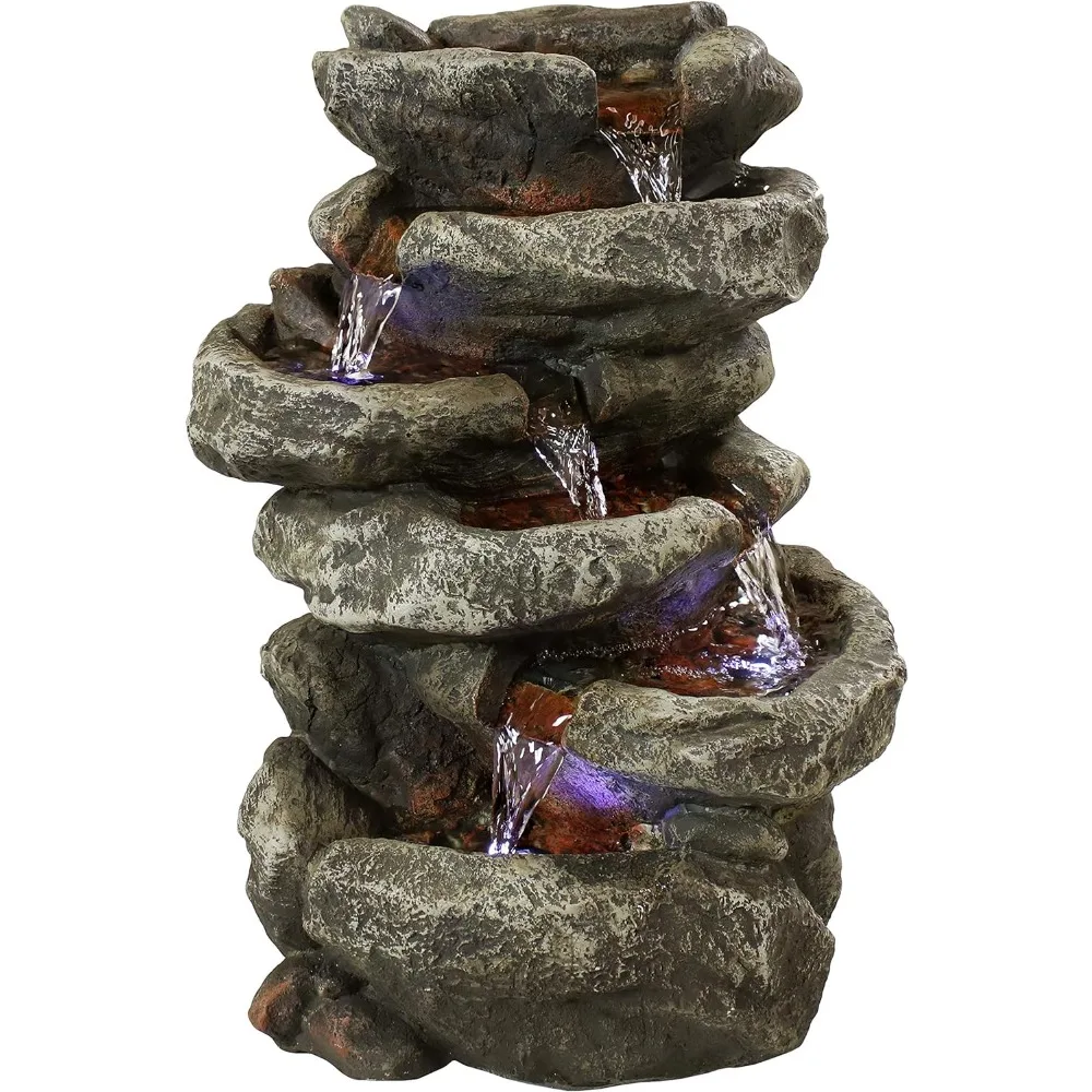 Sunnydaze Stone Falls 15-Inch 6-Tier Tabletop Water Fountain with LED Lights - Electric Submersible Pump - Polyresin Gray