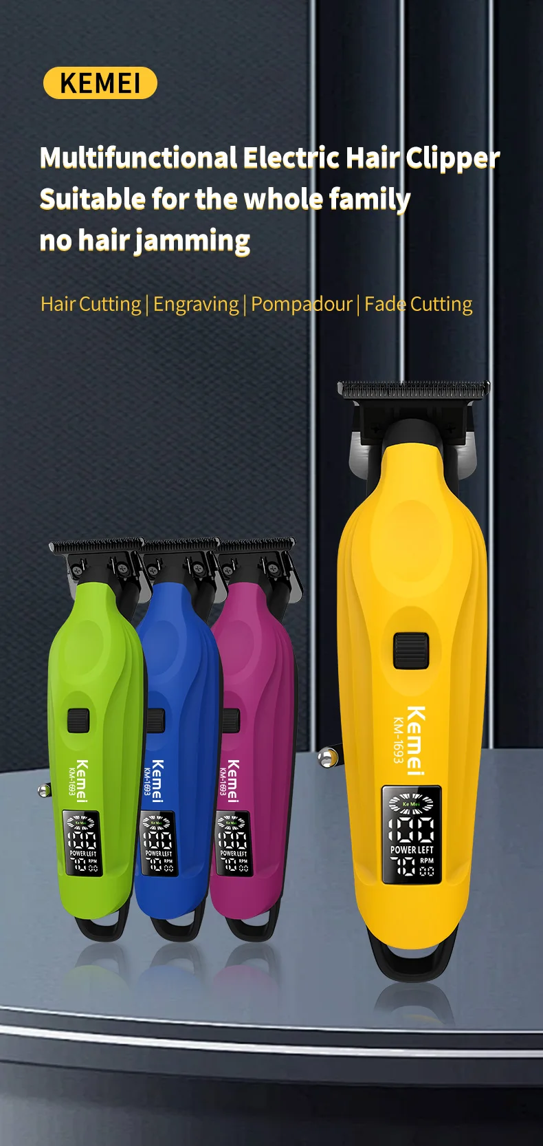 Kemei 1693, professioneller Haarschneider für Herren, kabelloser, per USB wiederaufladbarer elektrischer Haarschneider mit LCD-Display, abwaschbare Klingen. – Detail 1