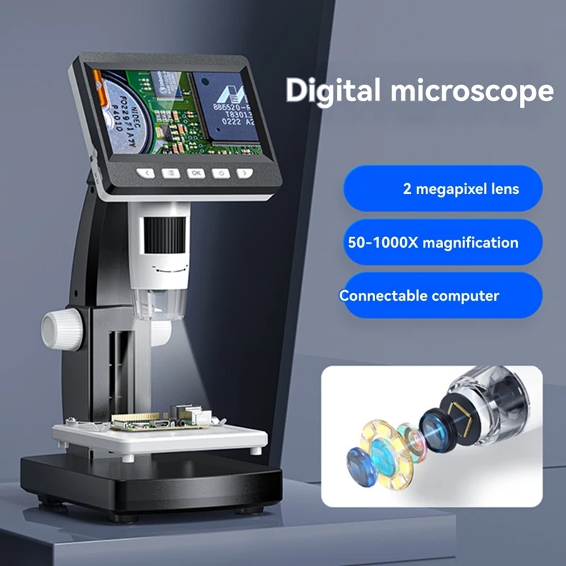 Microscópio digital 4.3 polegadas IPS 1000X Zoom HD1080P Suporte de metal eletrônico profissional Lupa profissional
