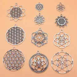 11pcs/lot Antique Silver Color Flower Of Life Charms Collection For Jewelry Making Ornaments