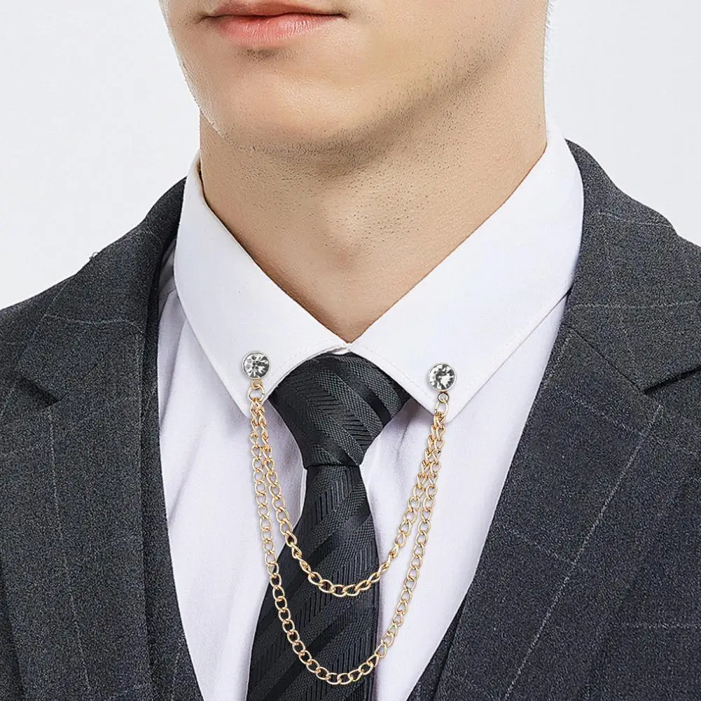 Men Suit Pin Rhinestone Decor Double Chains Anti-slip Dress-up Coat Collar Pin Coat Brooch Adult Clothes Hats Bags Jewelry