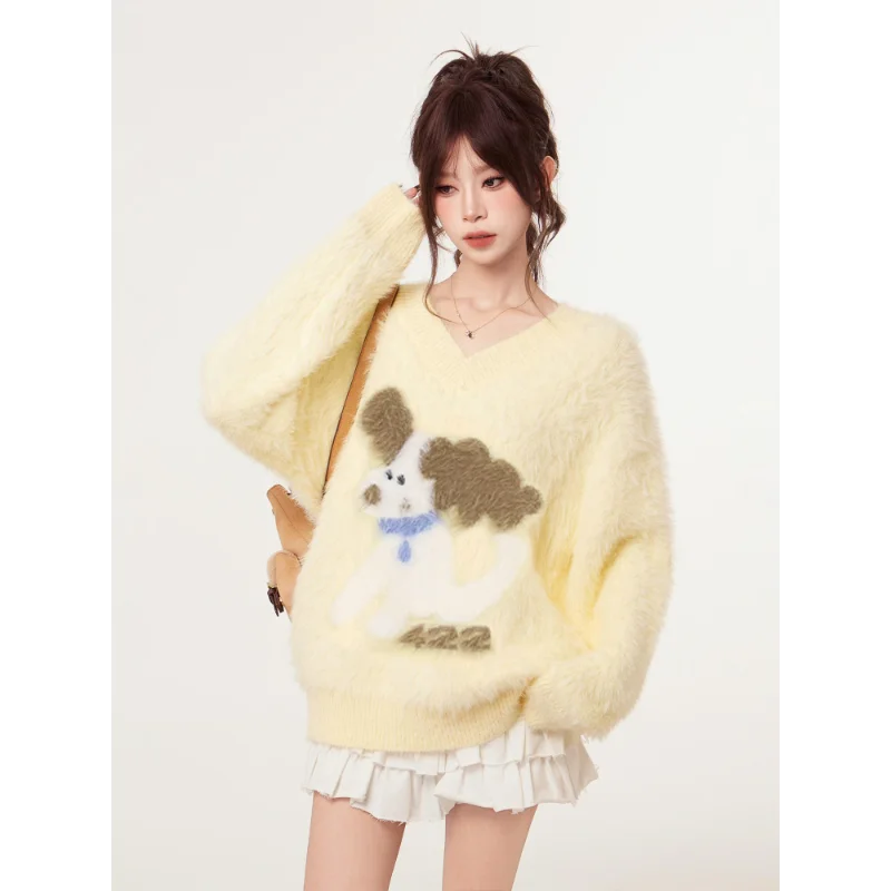 

Желтый пуловер из искусственного норкового бархата с v-образным вырезом для женщин, осенне-зимний утолщенный свободный свитер