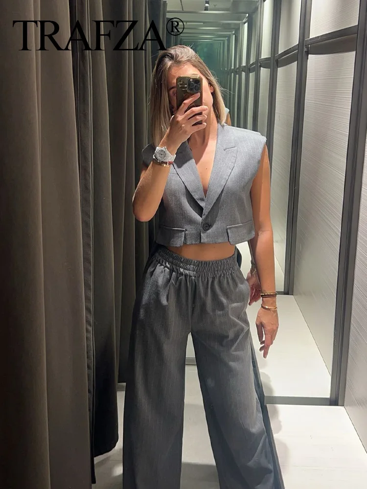 TRAFZA 2024 Female Vest Pants Set Sleeveless Pockets Single Button Tops+High Waist Wide Leg Pant Autumn Suit Streetwear Trendy